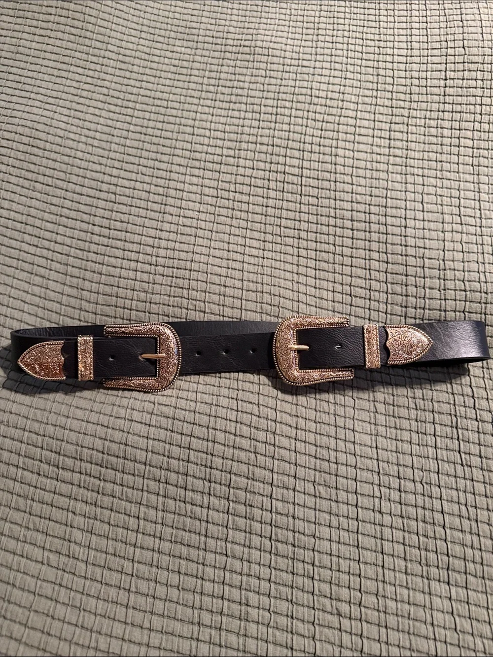 Black Leather Double Buckle Belt with Gold-Tone Buckles